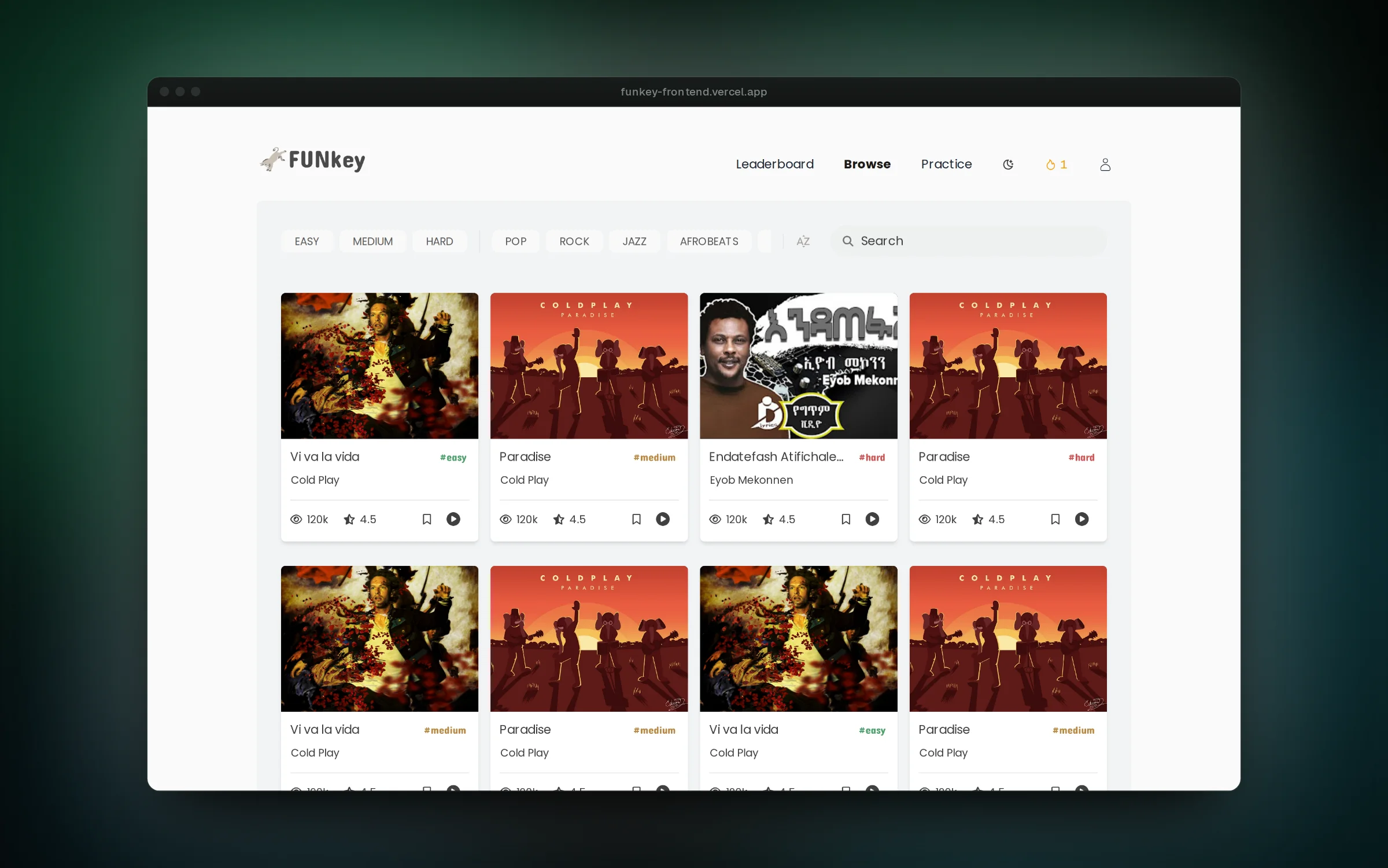 Pick a song to type along with, filtered by level and genre