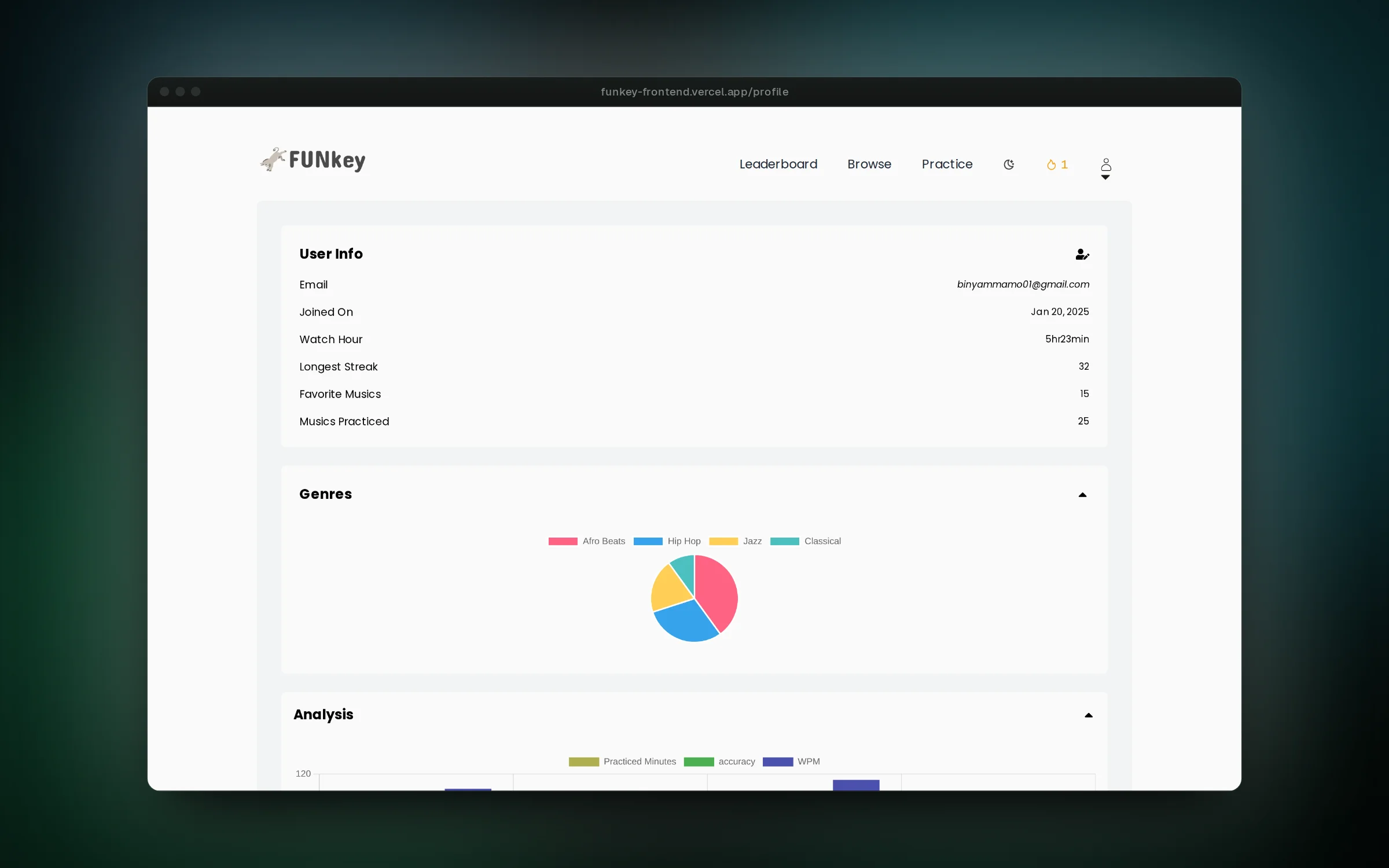 A profile with streaks, favorite genres and progress