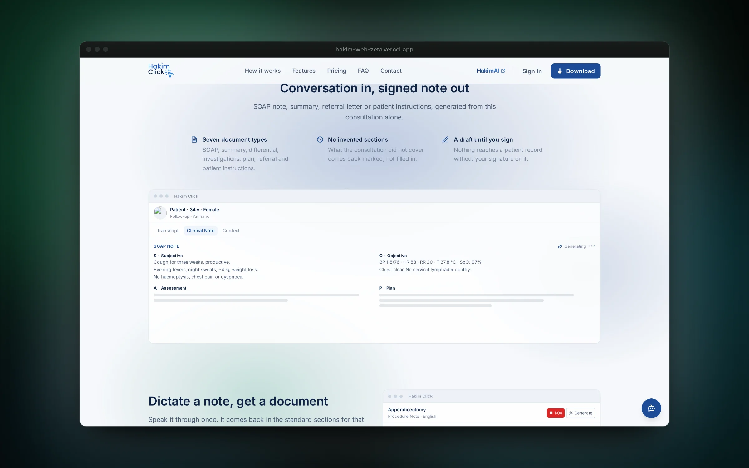 The consultation becomes a SOAP note that stays a draft until signed