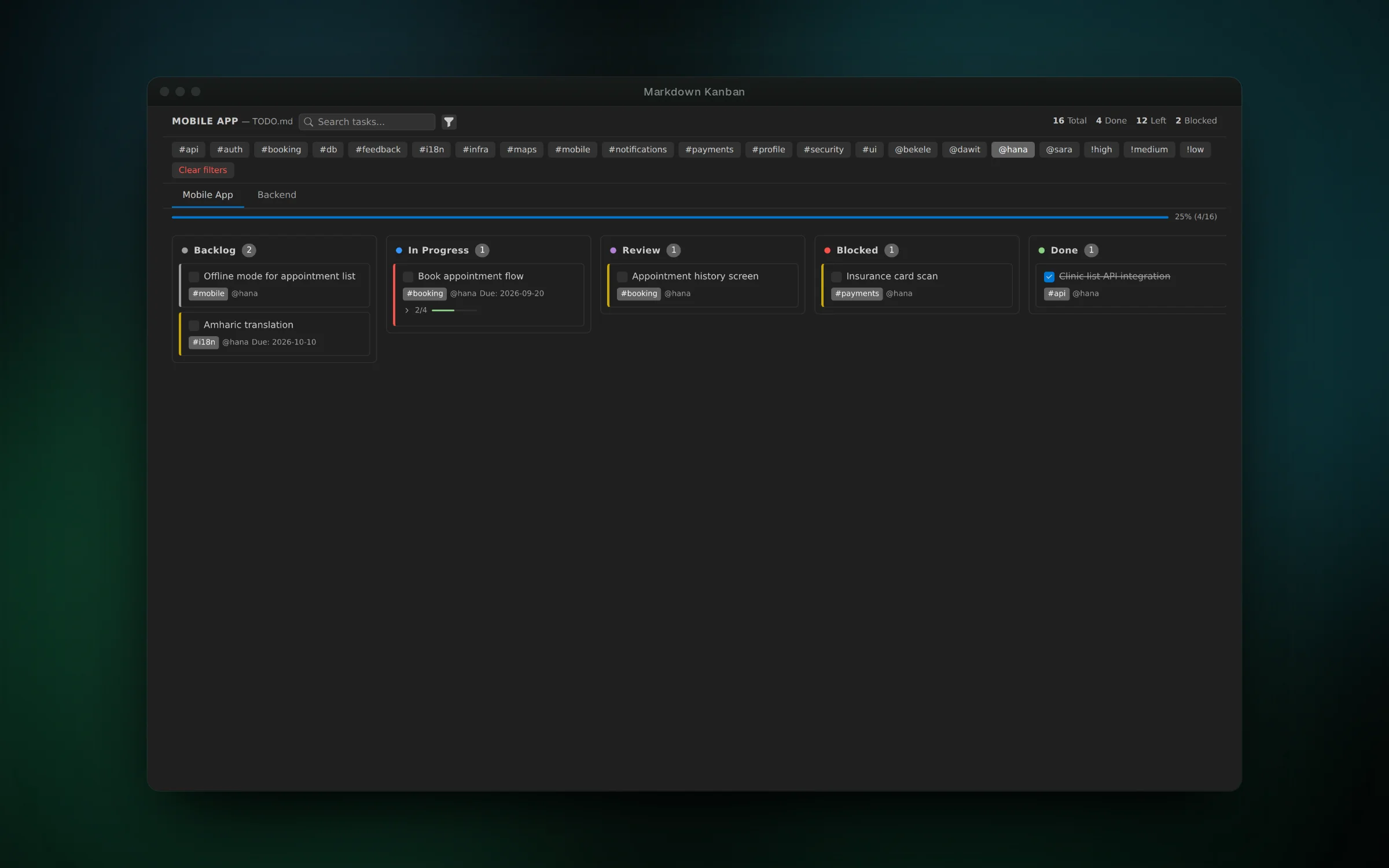 Filter the board by tag, person or priority