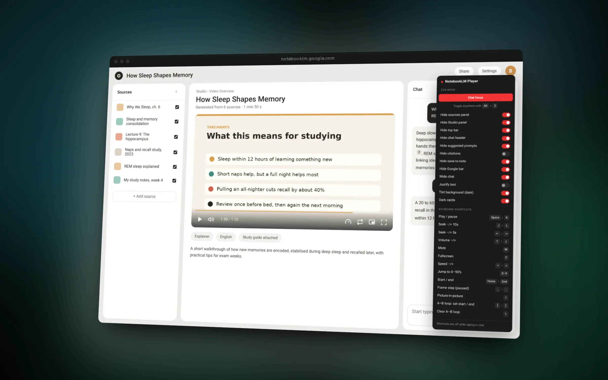Zen mode toggles and the full shortcut list in the popup