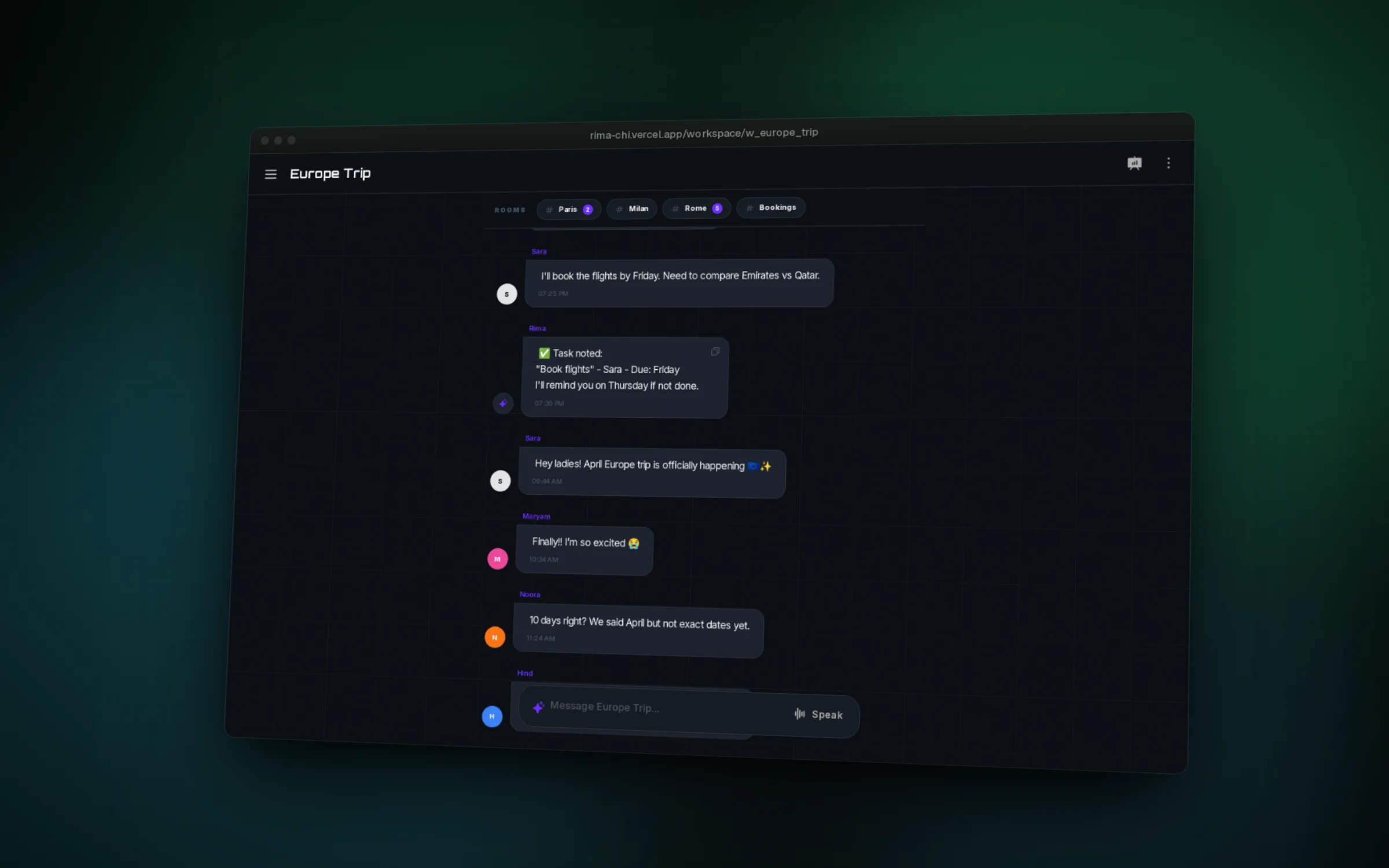 Rima turns a normal group chat into tracked tasks and reminders