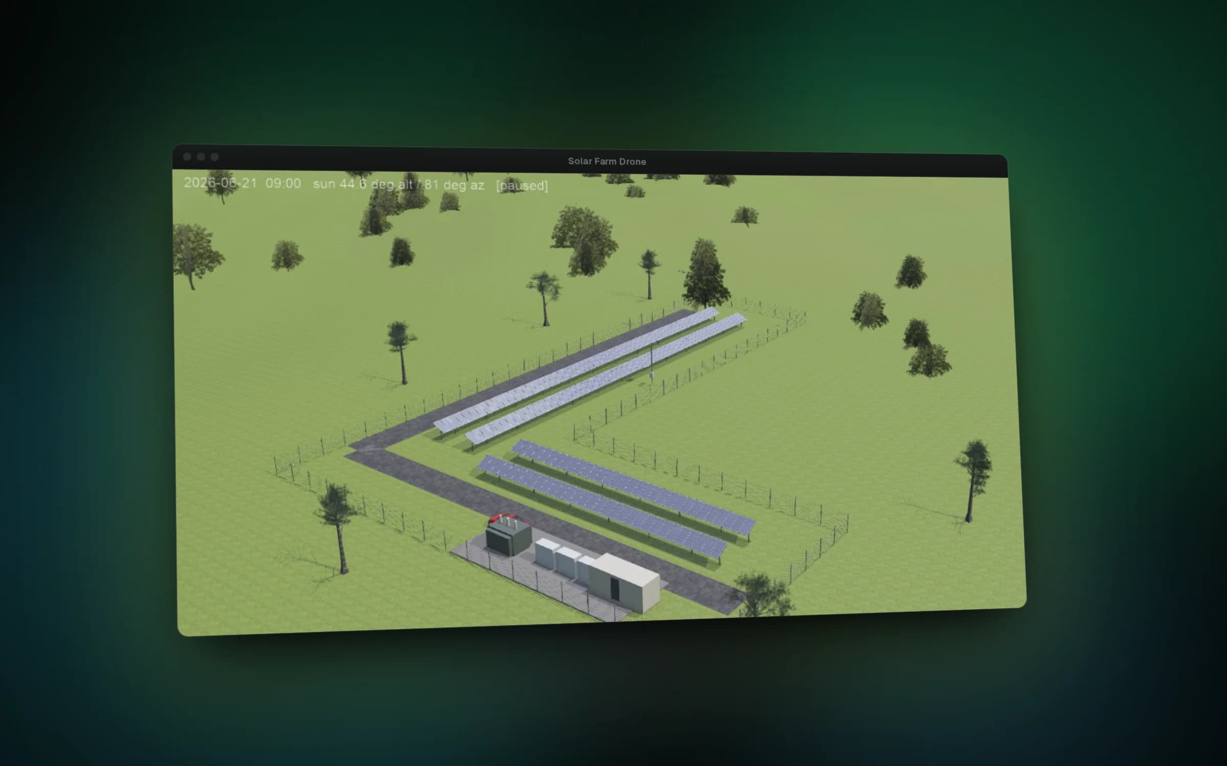 The first version: fenced site, service roads and a live sun clock
