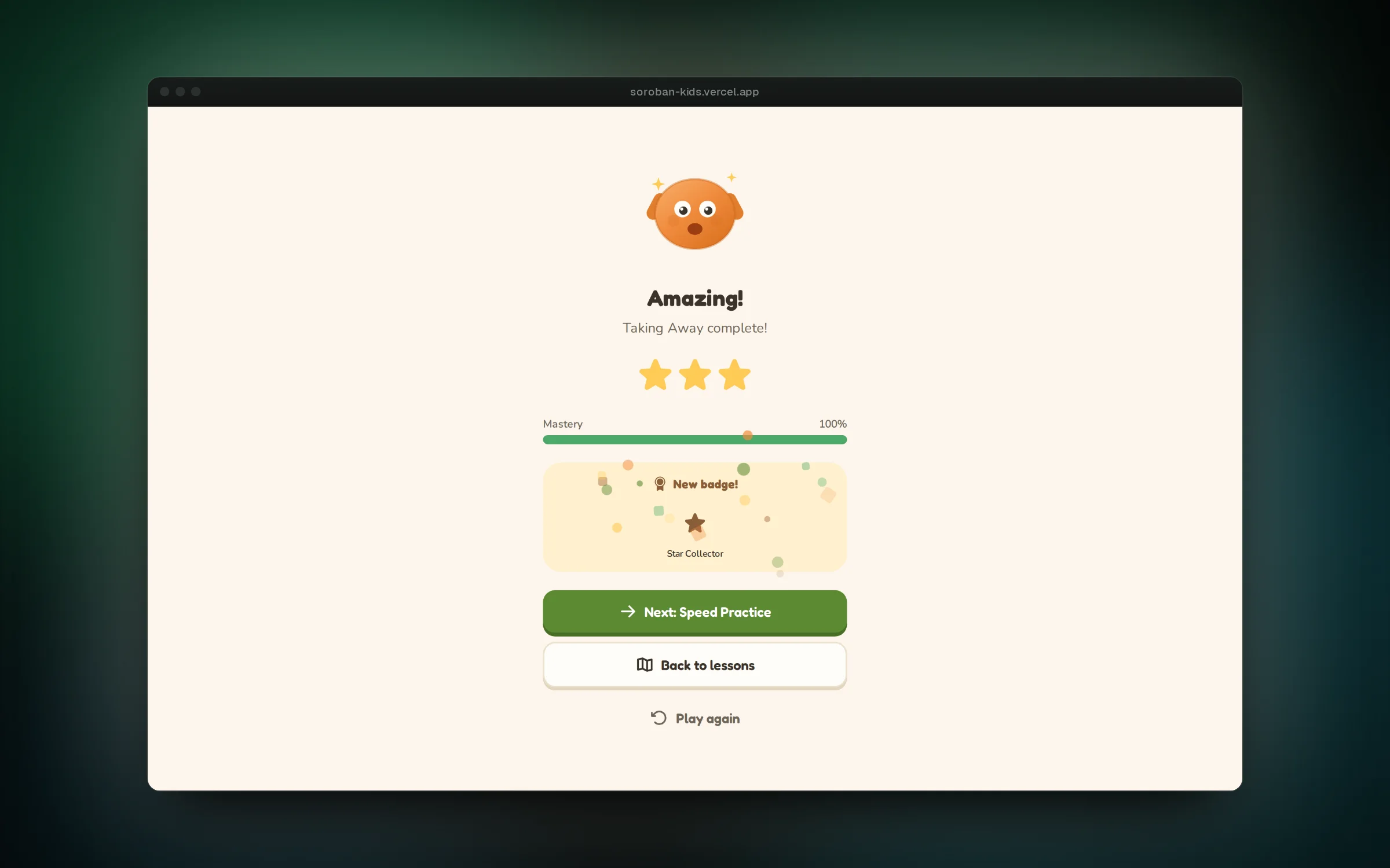 Finishing a lesson earns stars, badges and the next lesson