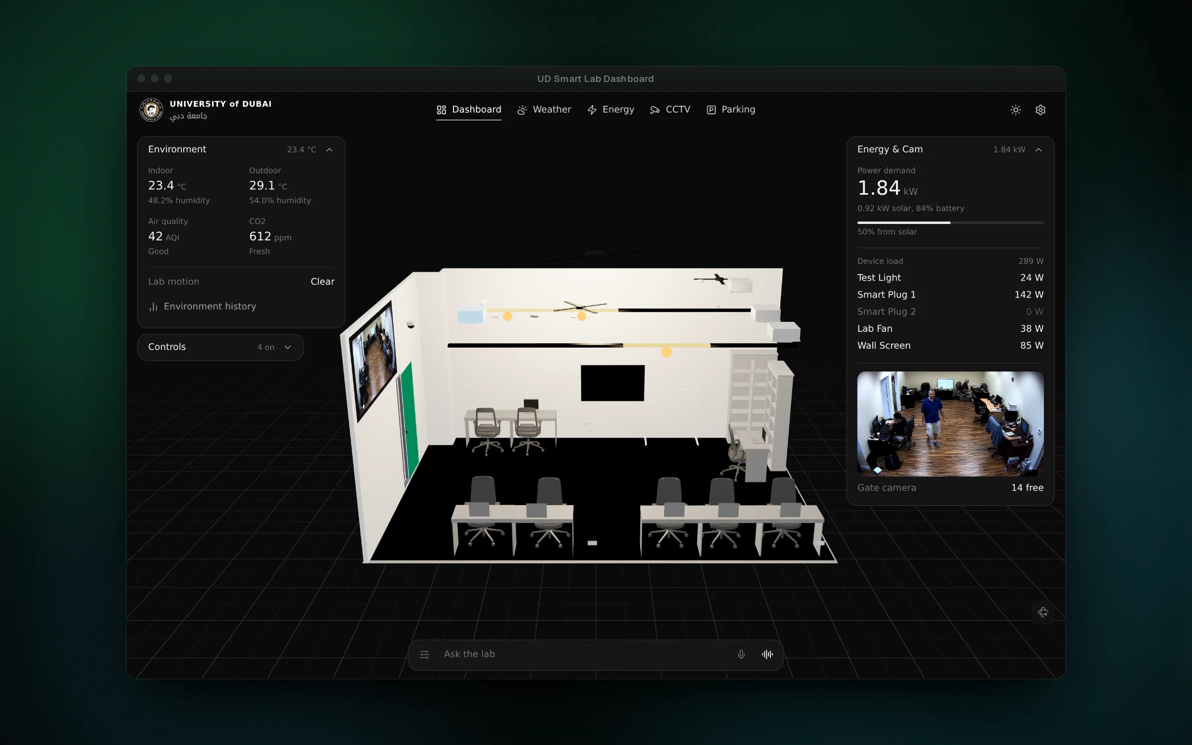 The lab as a 3D model, with climate on one side and power and the gate camera on the other
