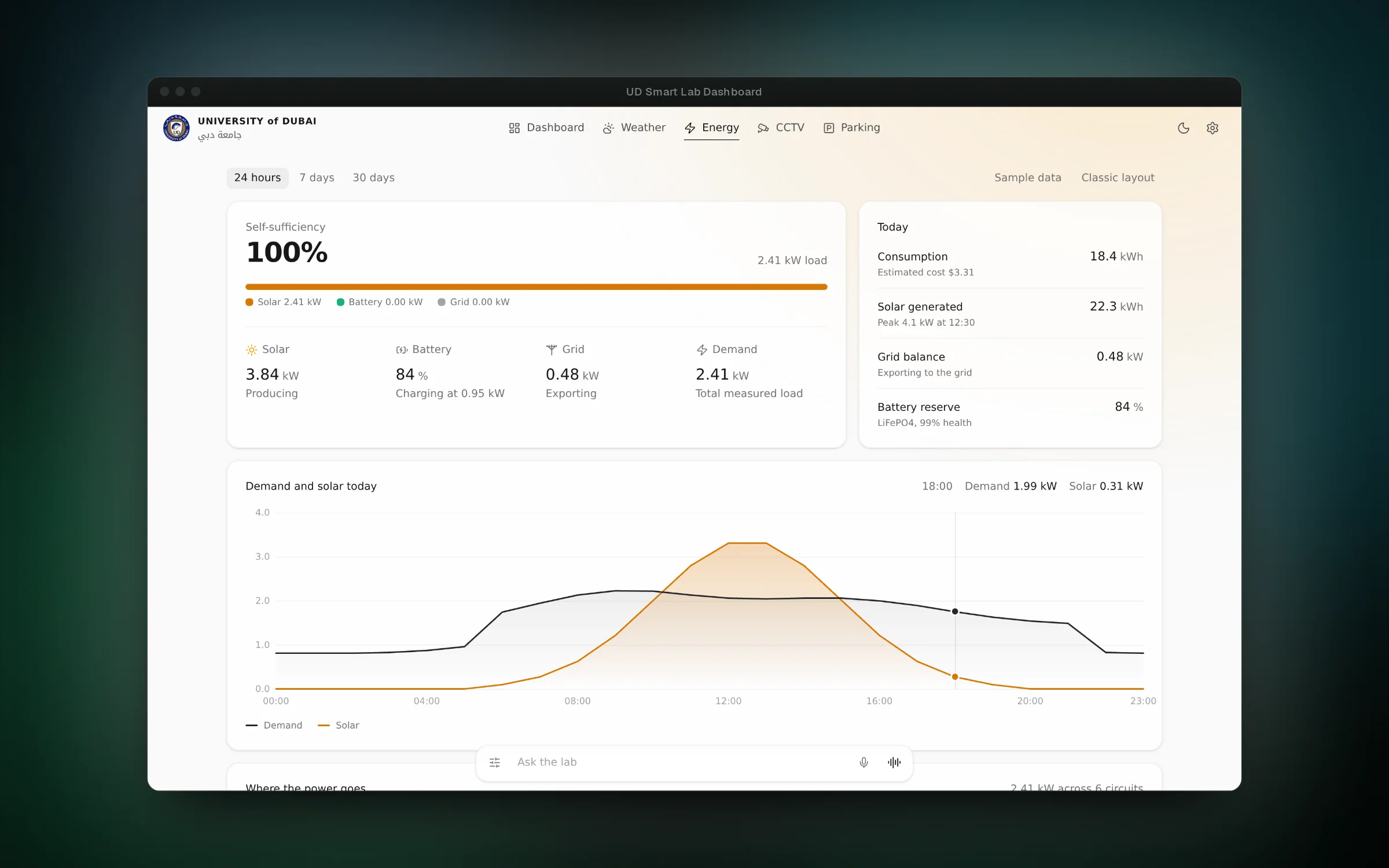 The energy page in light mode