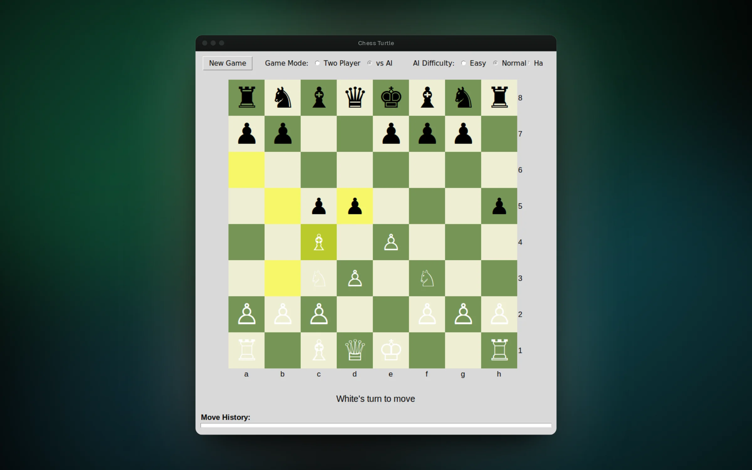 Playing the AI, with legal moves highlighted for the selected piece