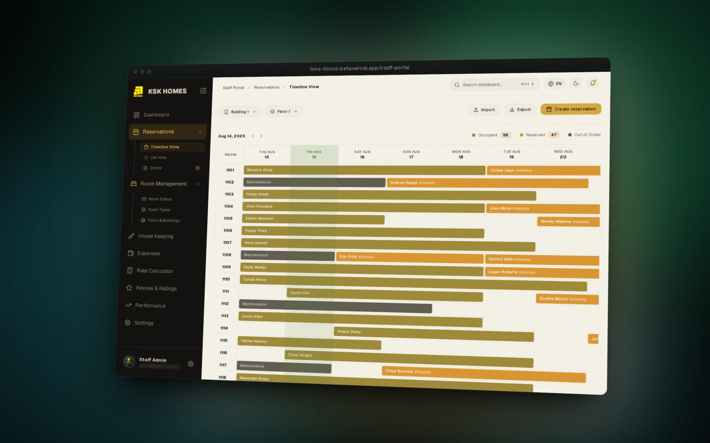 Staff see every room's bookings on one timeline