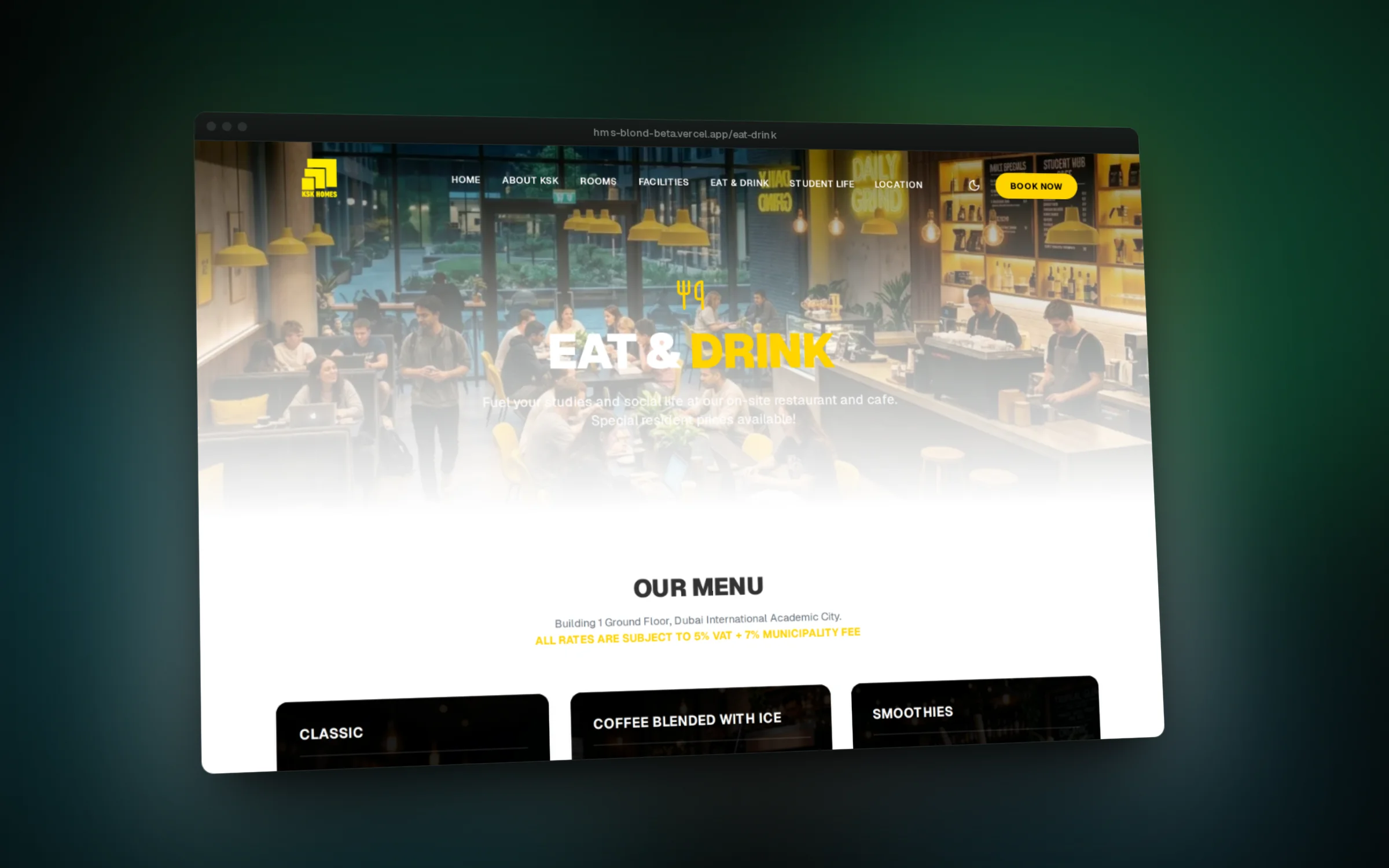 The on-site cafe gets its own menu page