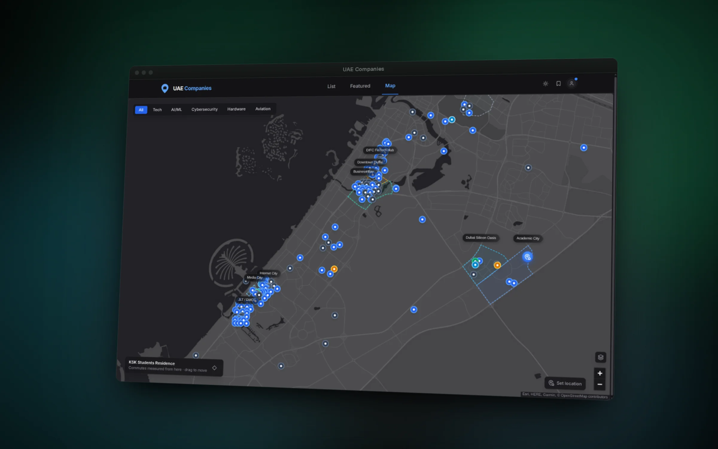 Every company on the map, with the free zones and business districts drawn in